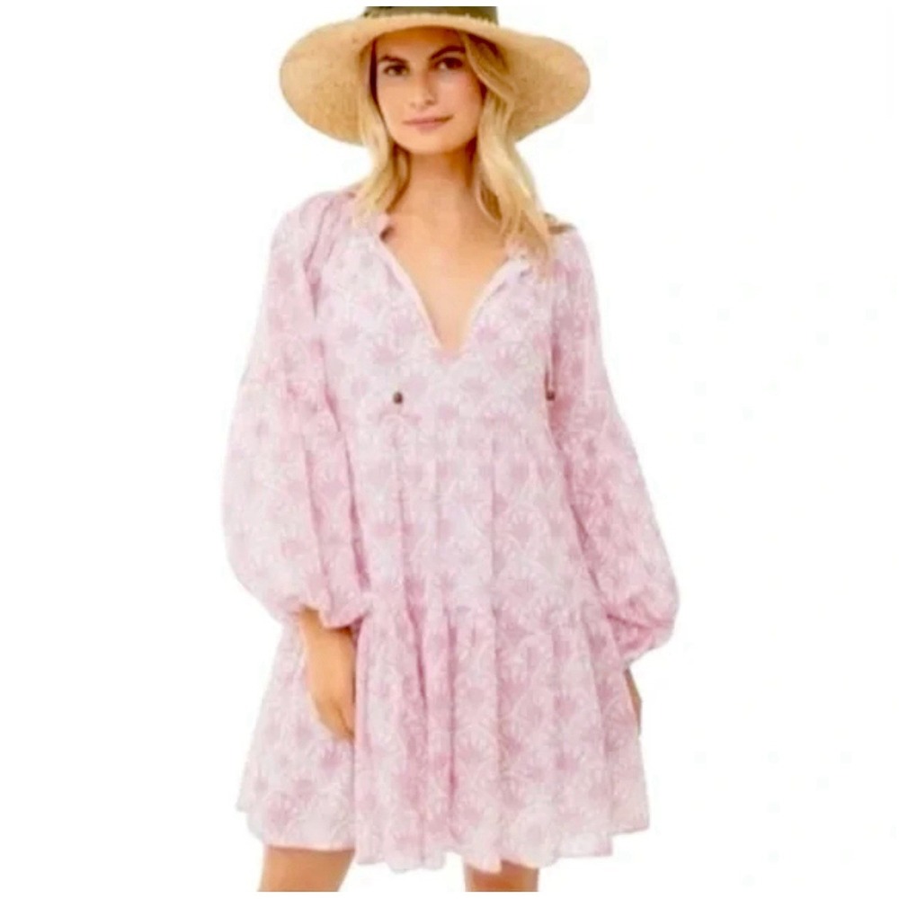 OLIPHANT Balloon Sleeve Mini Dress Lilac Capella Pink Tiered Cotton Size S
